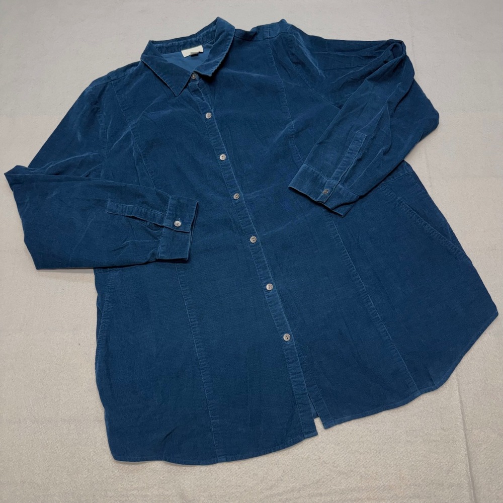 J. Jill Corduroy Button Down Shirt Womens XL Teal Blue Long Sleeve Cotton Top